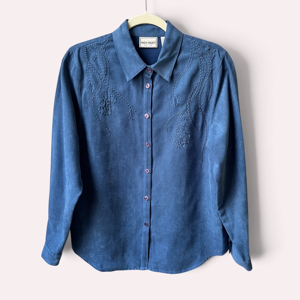 Vintage Faux Suede Top Women's Medium Cornflower Blue Embroidery 90s Country